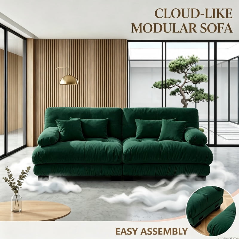 ANPPORT Cloud Couch Sleeper Sofa, Chenille Green 2-Seater Modular Sofa, 2 Lumbar pillows, 2 Pillows, Comfy Deep Seat Cloud Sofa, Convertible L-Shaped Floor Couch for Living Room