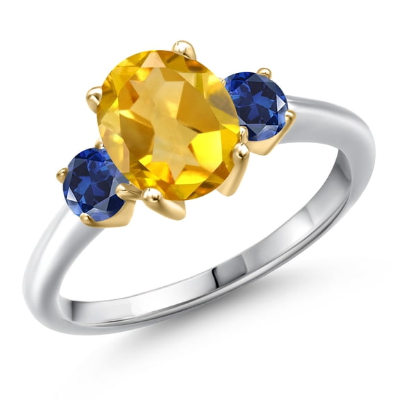 Gem Stone King 10K Two Tone Gold Yellow Citrine and Blue Created Sapphire Engagement Ring for Women | 2.00 Cttw | Oval 9X7MM | Gemstone November Birthstone | Size 9