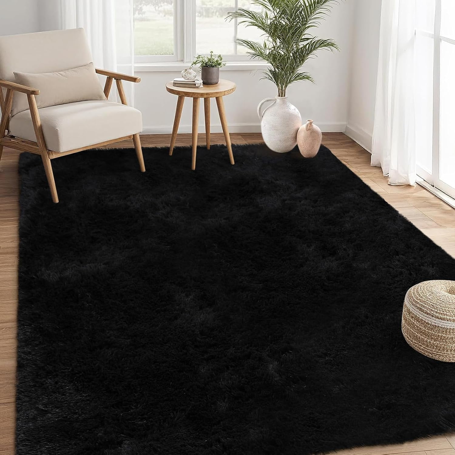 Memoryfield 4' x 6' Area Rug, Plush Non-Skid Rug, for Bedroom Living Room, Black