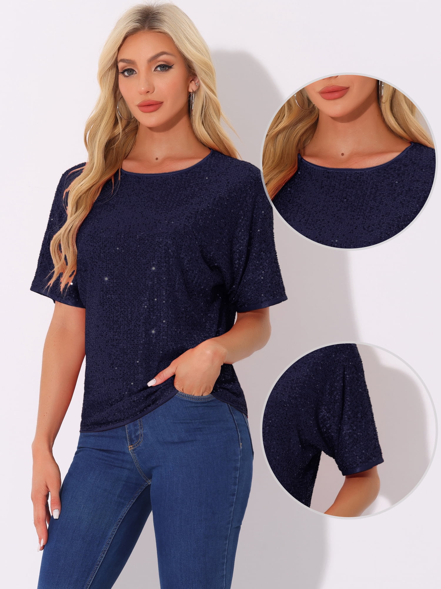 DARING DIVA Women's Costume Sequin Clubwear Blouses T-Shirts XS Navy Blue