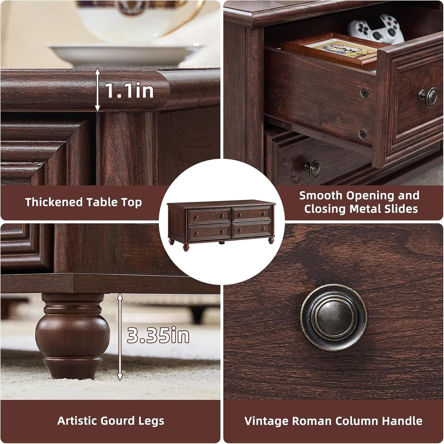 Leyaoyao Farmhouse Coffee Table with Drawers, Rectangular Rustic Center Table with Hidden Storage for Living Room, Office, Walnut