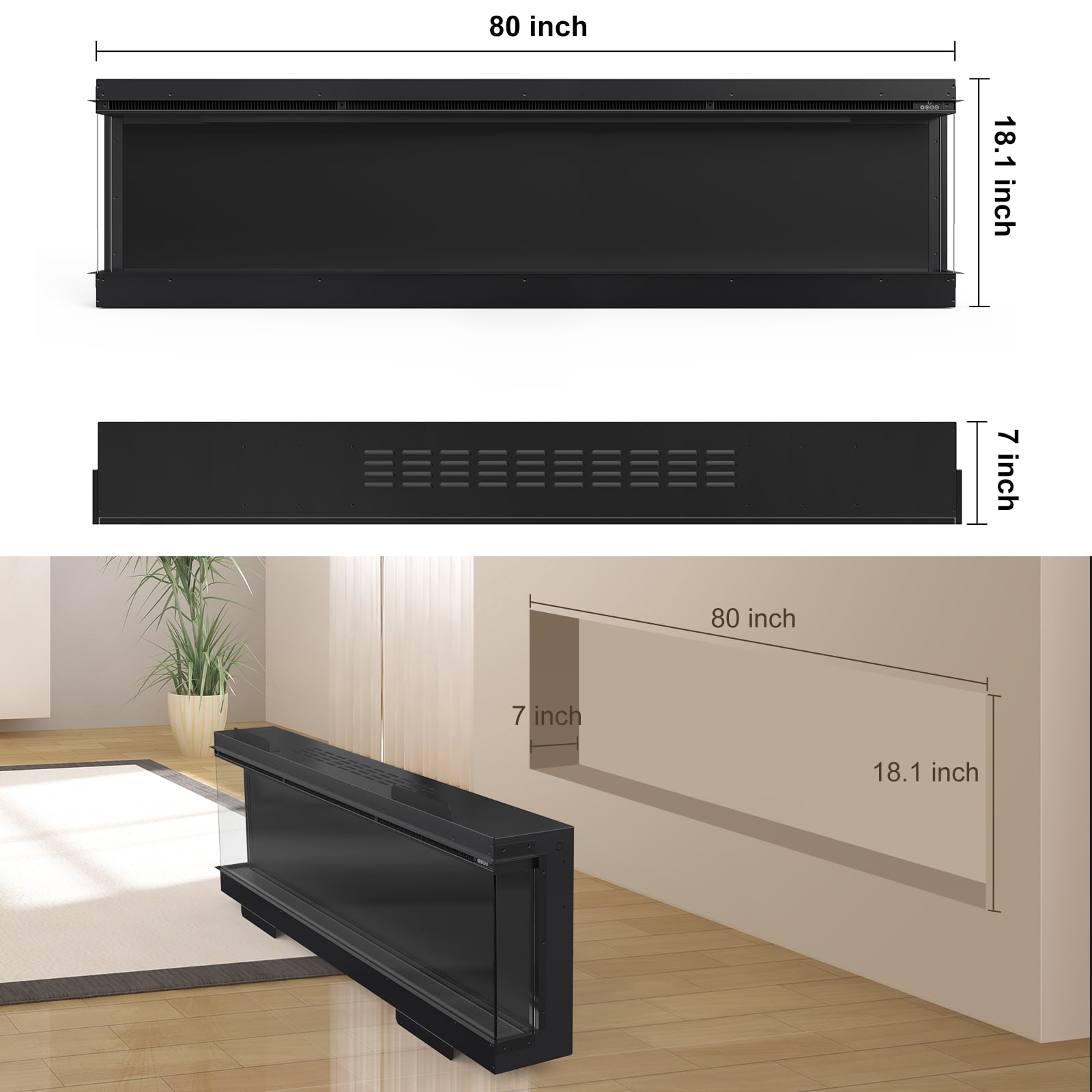 OSEYM 3 Sided Electric Fireplace 80 inch, Smart Built-in Linear Fire Places Heater 1500/750W with 251RGB LED Flames, APP & Remote Control, Cracking Sound, Timer, Log & Crystal