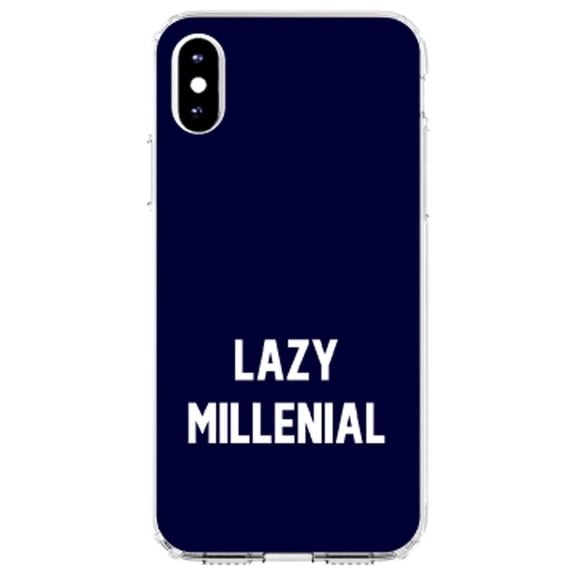 DistinctInk Clear Shockproof Hybrid Case for iPhone XS Max (6.5" Screen) - TPU Bumper, Acrylic Back, Tempered Glass Screen Protector - Lazy Millenial - Navy & White