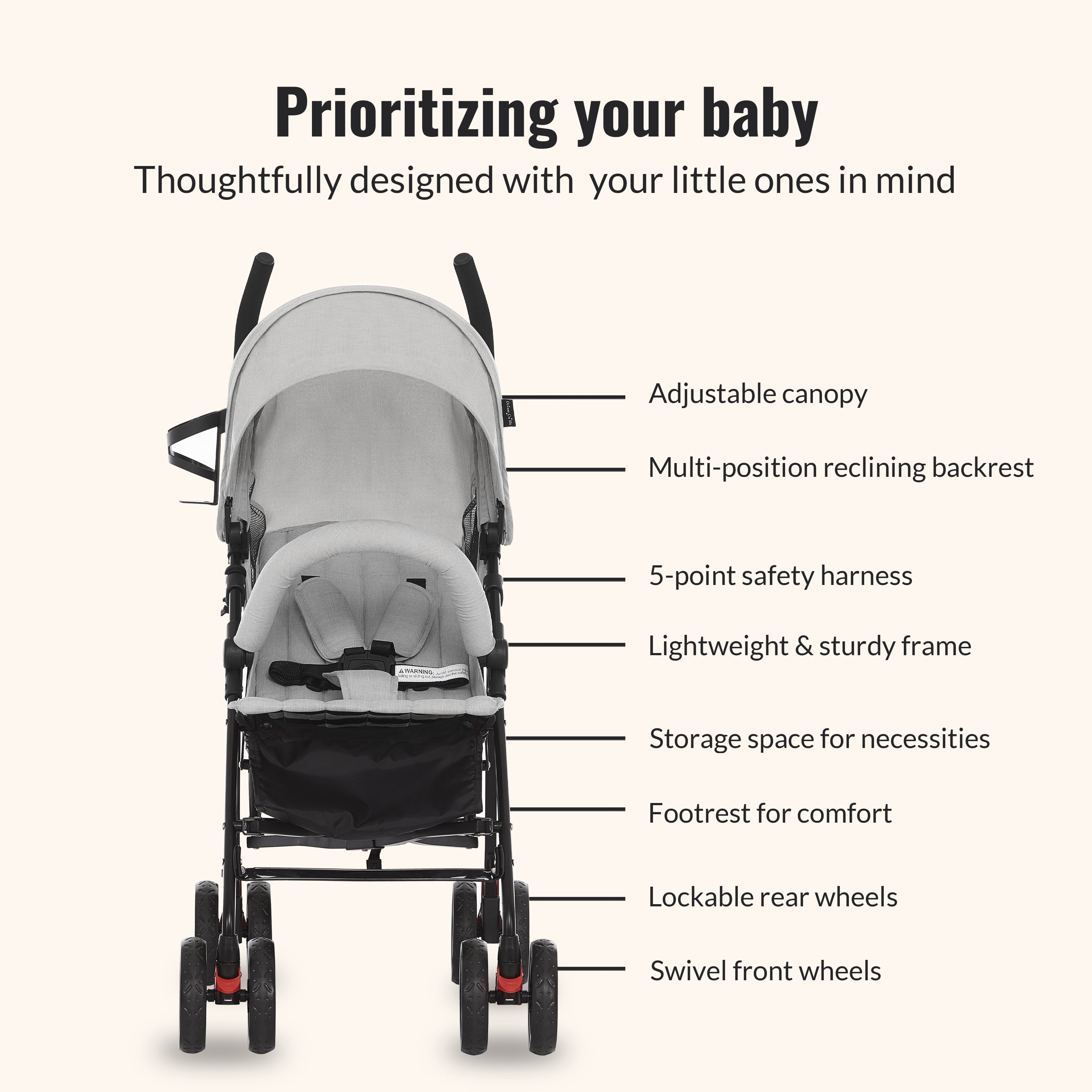 Dream On Me Vista Moonwalk Stroller | Lightweight Infant Stroller with Compact Fold | Multi-Position Recline | Canopy with Sun Visor | Perfect for Traveling and Theme Parks, Light Gray