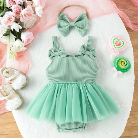 

Baby Girls Bodysuits Sleeveless Solid Bowknot Rib Romper Skirts Headbands Outfits