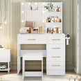 thumbnail image 3 of Vanity Set with Mirror, UHOMEPRO Lighted Makeup Vanity Desk with 5 Drawers, 3 Storage Shelves, Hair Dryer Rack, and Cushioned Stool, Modern Makeup Desk Dressing Table for Girls Bedroom, White, 3 of 12