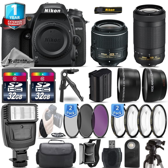 Nikon D7500 DSLR Camera + 18-55mm + Nikon 70-300mm VR + 1yr Warranty - 64GB Kit (International Version)