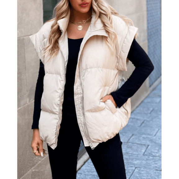 Women's Casual Winter Oversized Puffer Vest Stand Collar Flysleeve Insulated Padded Puffy Jackets Coat with Pockets