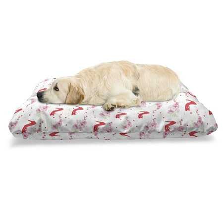 Modern Pet Bed  Shoes Heels Pattern with Orchid Flowers Petals and Hearts Design Image  Chew Resistant Pad for Dogs and Cats Cushion with Removable Cover  24  x 39   Red White  by Ambesonne