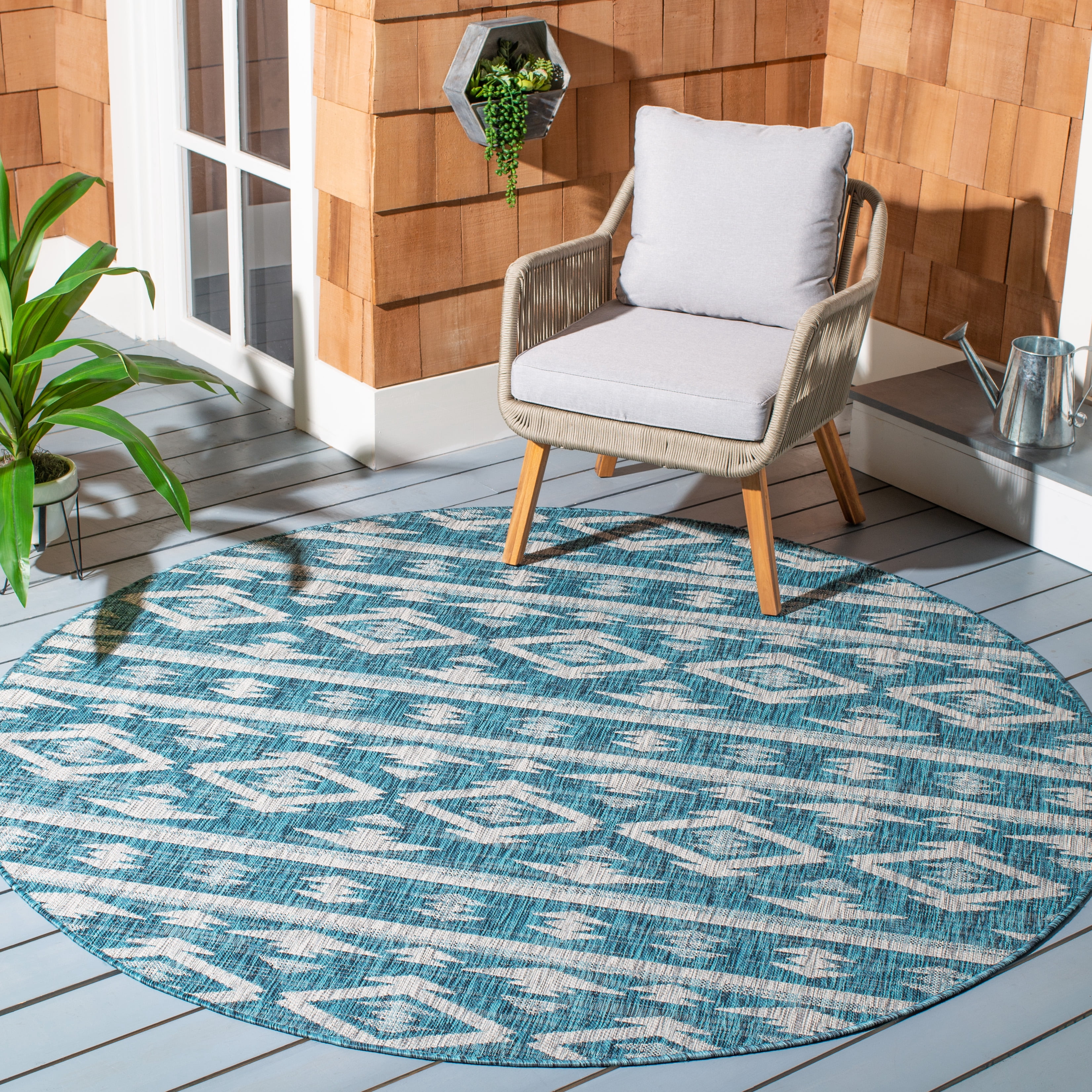 SAFAVIEH Courtyard April Geometric Indoor/Outdoor Area Rug, Teal/Grey, 6'7" x 6'7" Round