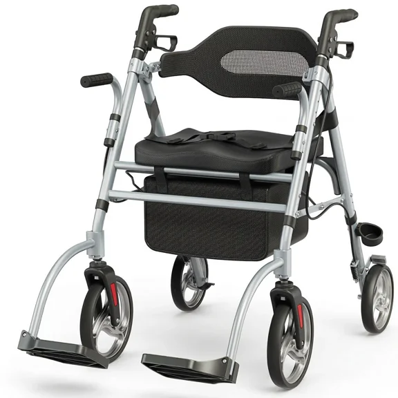 Foldable Rollator Walker for Seniors with Seat, Lightweight 2 In 1 Rolling Walkers Wheelchair Combo for Adult, Transport Chair with Brakes, Adjustable Seat and Handle, 310 Lb. Weight Capacity
