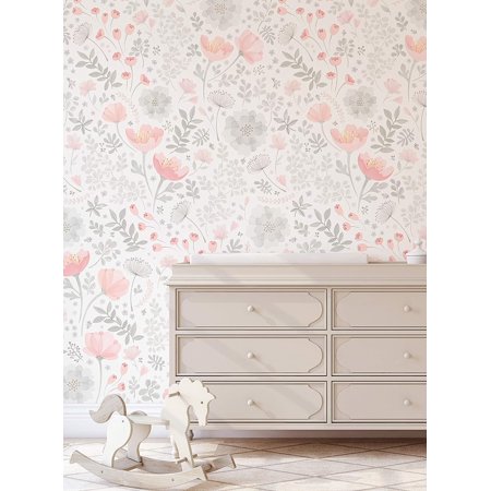 Whimsy Mural Wall Art Wallpaper - Peel And Stick (2 Sheet Pack (2X8 Feet), Coral Grey)