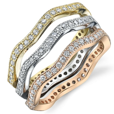 - Sterling Silver Tri-Color Stackable Set of 3 Eternity Rings Bands with Cubic Zirconia