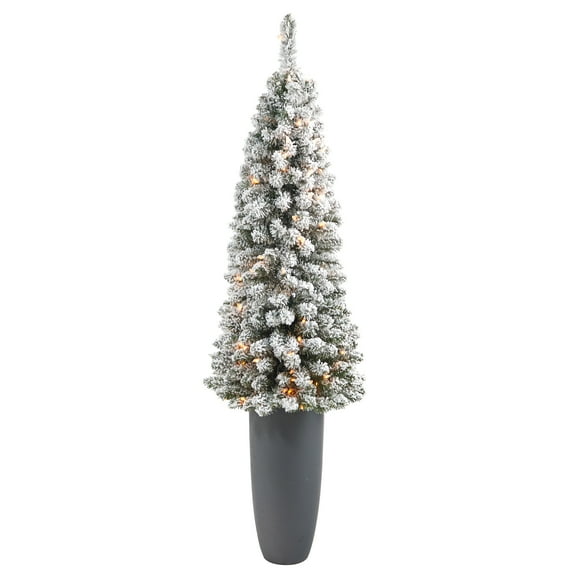 56in. Flocked Pencil Artificial Christmas Tree with 100 Clear Lights and 216 Bendable Branches in Gray Planter