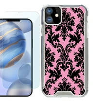 For Apple iPhone 12 Case, iPhone 12 Pro Case, Hybrid Bumper Phone case, with Tempered Glass Screen Protector, by OneToughShield ® - Victorian Pink/Black