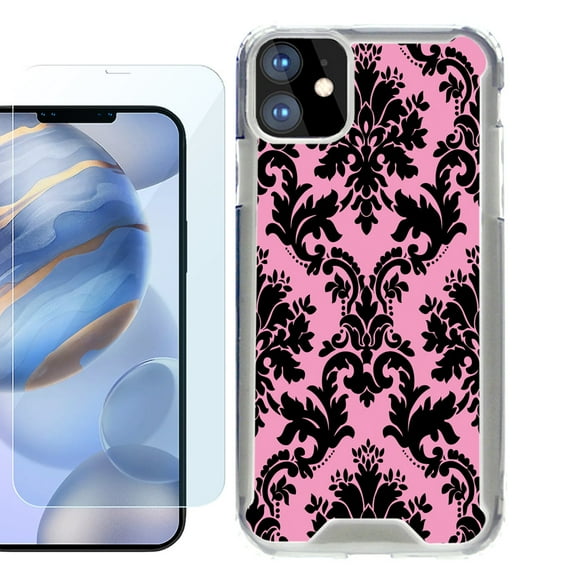 For Apple iPhone 12 Case, iPhone 12 Pro Case, Hybrid Bumper Phone case, with Tempered Glass Screen Protector, by OneToughShield ® - Victorian Pink/Black