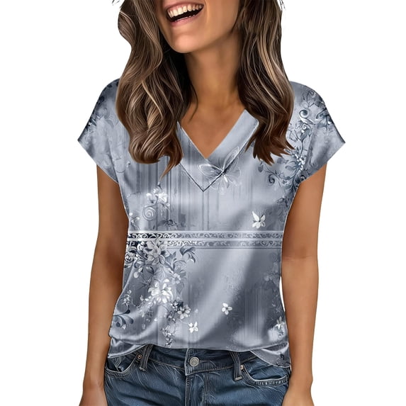 Active Tops Women Graphic Print Crewneck Tee for Everyday Wear with Comfortable Fit and Stylish Floral Pattern Top for Women Gray XXL