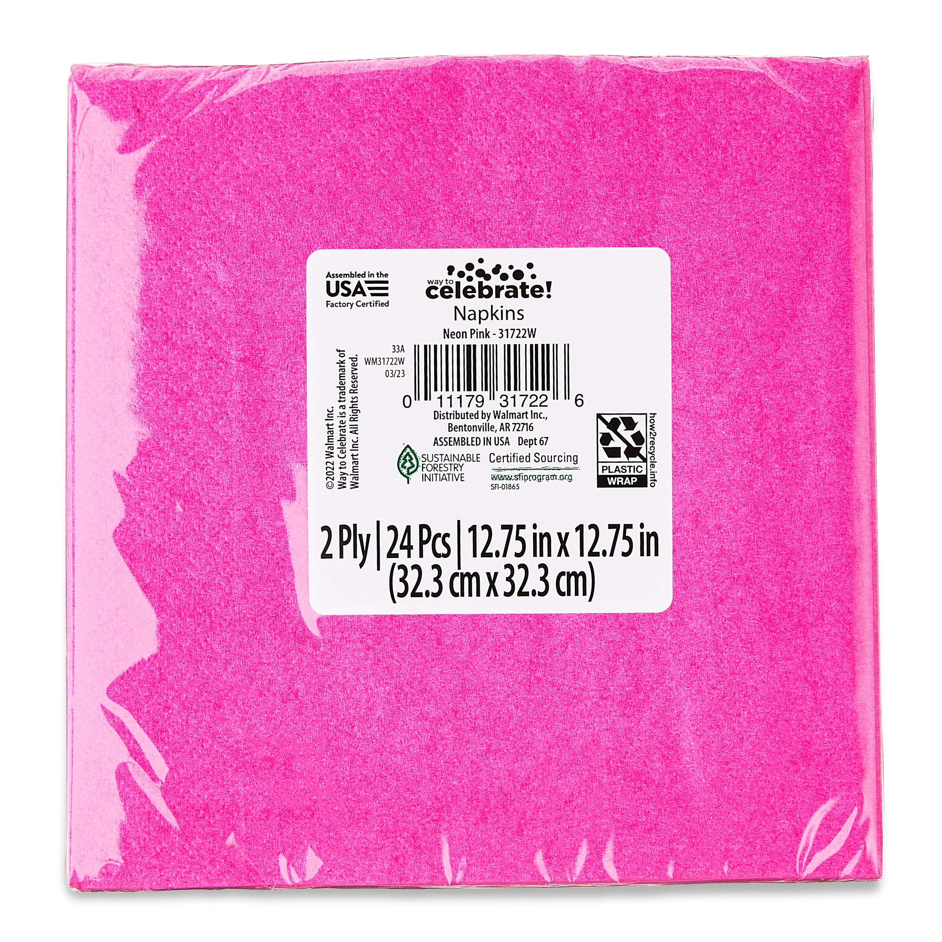 (2 pack) 6.5" x 6.5" Disposable Neon Pink Paper Napkins, 24 Count, by Way To Celebrate
