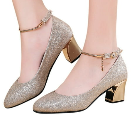 Oyedens Women High Heels Dress Shoes Glitter Silver Gold Chunky Block Mid Heels Formal Dressy Pump Shoes For Bride Wedding Party
