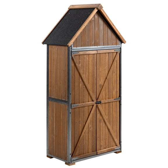 FFZ Outdoor Storage Cabinet 32.3"L X 21"W X 67"H, Garden Shed Tool Shed with Metal Frame Structure for Backyard Garden Patio Lawn (Brown)