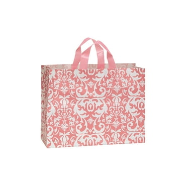 SSWBasics Large Pink Damask Frosted Plastic Shopping Bags -  16" x 6" x 12" - Case of 100