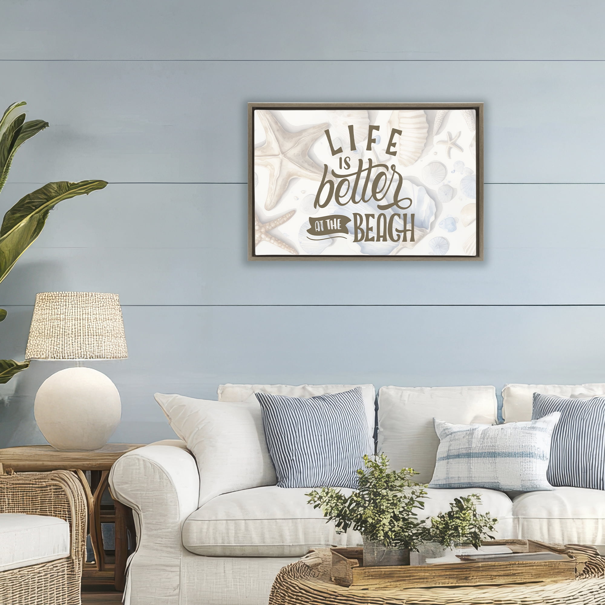 Stupell Industries Better At Beach Seashells Brown Framed Floater Canvas Wall Art, design by Kim Allen