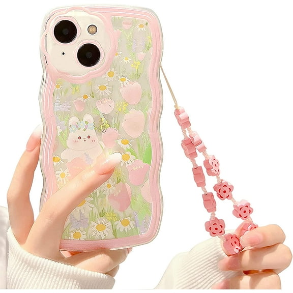 Compatible for iPhone 14 Case, Cute Clear Cartoon Floral Rabbit with Heart Beaded Lanyard Wrist Strap for Women Girly, Soft TPU Full Protective Cover for iPhone 14- Flower Rabbit