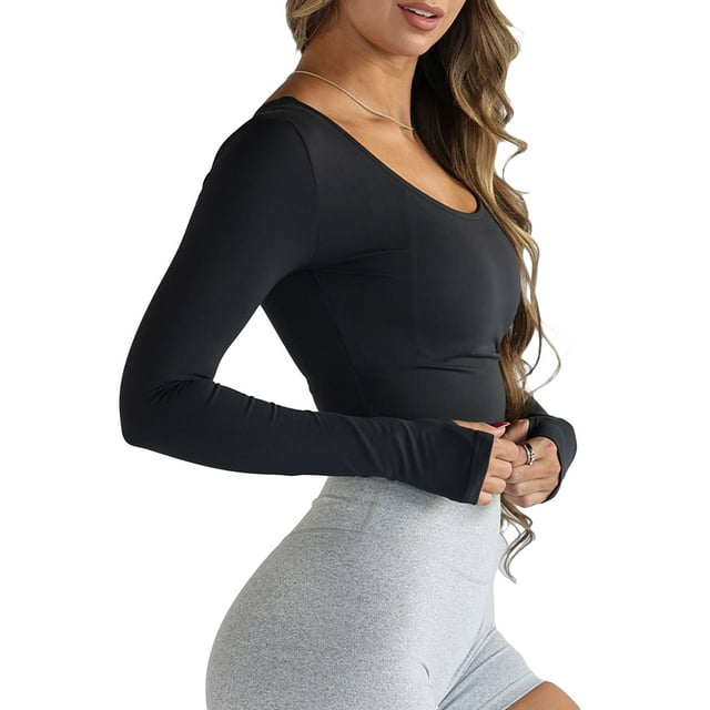 SUNSIOM Women's Long Sleeve Crop Tops Tight Fitted Scoop Neck Solid Color Short Shirt Tops with Thumb Hole for Spring Fall