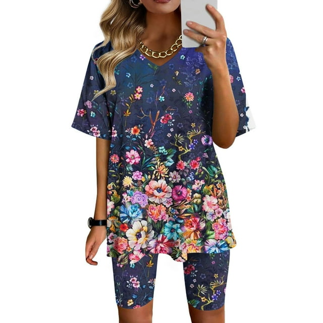 Ensembles d'Été Mode Femmes Blouse Col en V Manches Courtes Hauts Shorts Ensemble Décontracté Ensembles Assortis en Liquidation