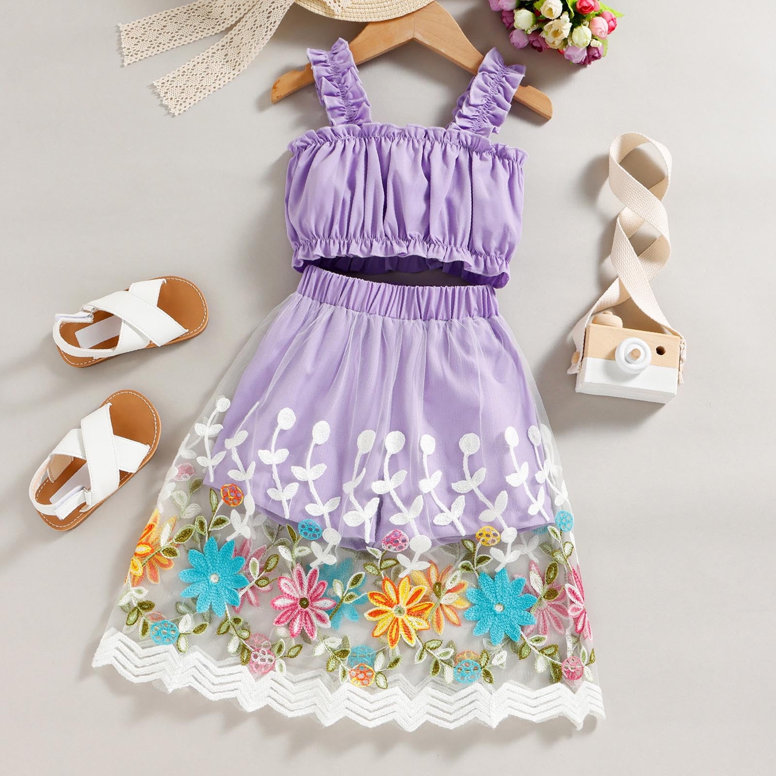 Toddler Girls Fashion Cute Solid Color Sleeveless Ruffles Top Mesh