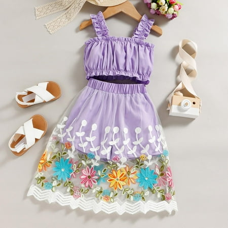 

QISIWOLE Toddler Kids Baby Girls Fashion Cute Solid Color Sleeveless Ruffles Top Mesh Embroidery Flowers Skirt Suit Deals