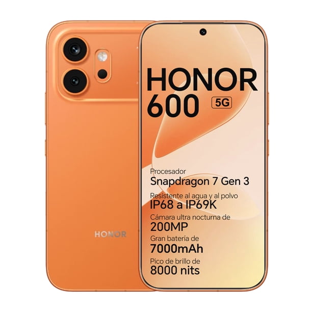 Smartphone HONOR 600 5G 8GB RAM 256GB Snapdragon 7 Gen 4 Cámara 200MP Pantalla AMOLED 6.57" Batería 7000mAh Carga 80W, Naranja