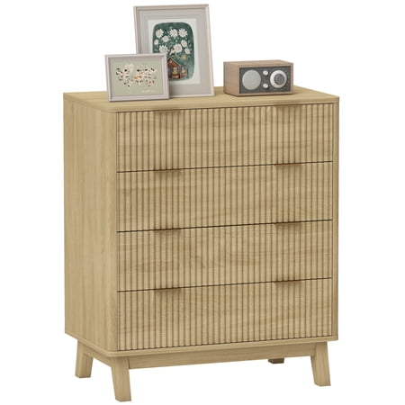 Fluted Dresser for Bedroom with 4 Drawers Chest of Drawers with Gold Finger Pulls and 4 Wood Legs Natural Wood(lxf)