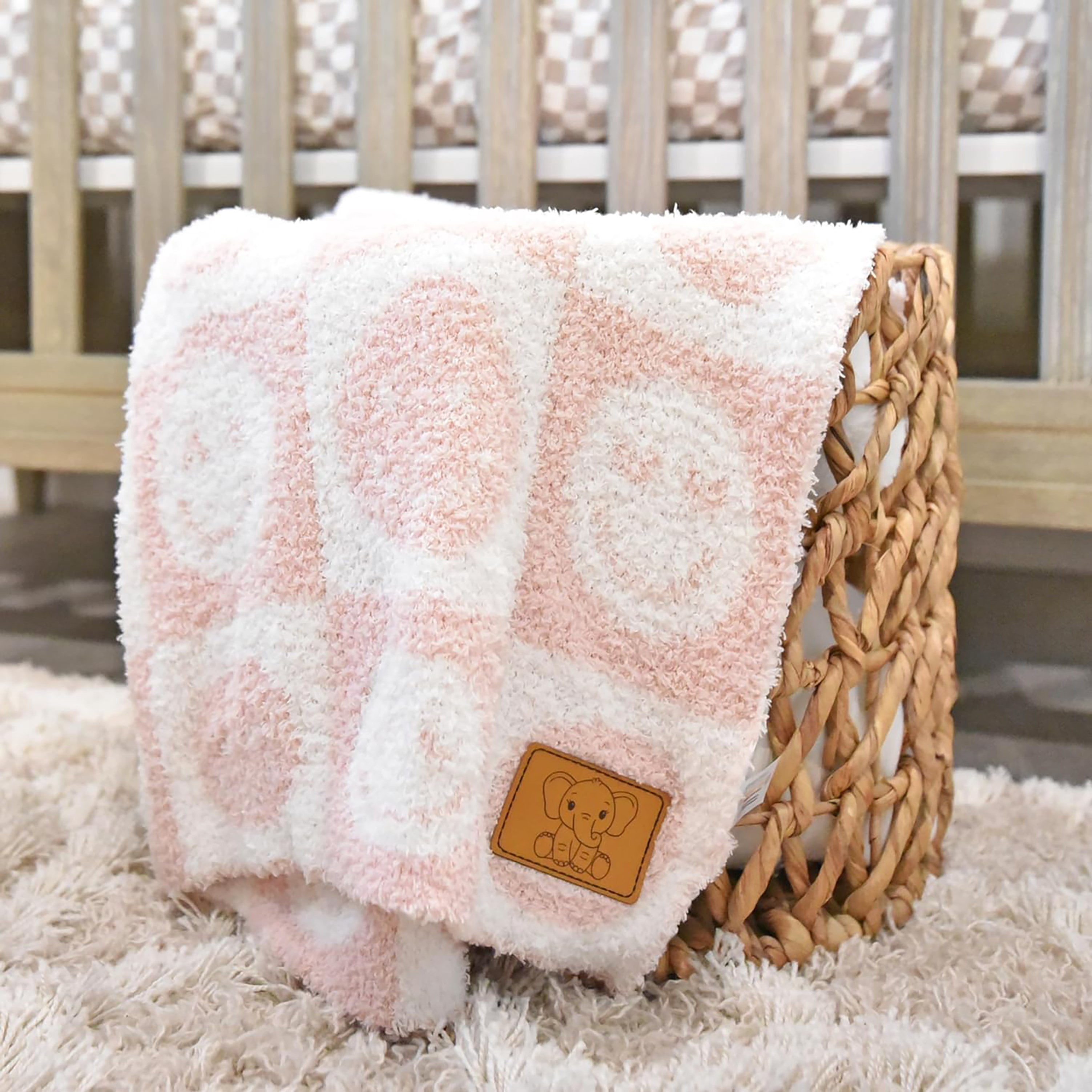 Checkered Smiley Face Baby Blanket 28"x40" with Leather Patch - Soft Knitted Throw - Receiving Blanket/Newborn Gift Pink/White
