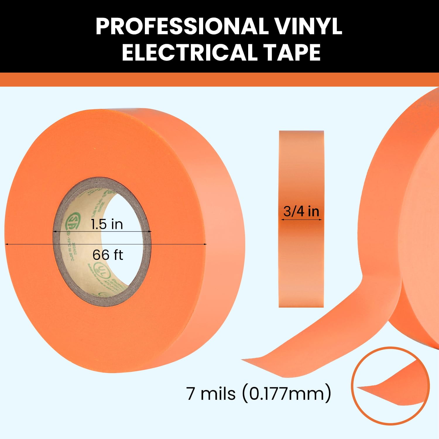 10-Pack Orange Electrical Tape Water of, 3/4 in x 66ft, Industrial Grade UL/CSA Listed High Temp Electrical Tape Orange Electric Super Vinyl