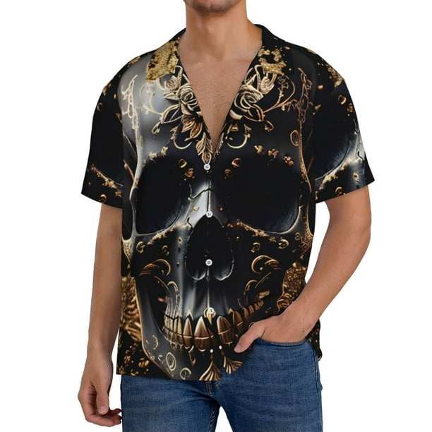 Fotbe Gold Pattern Black Skull Camisa Estampada de Manga Corta para Hombre, Casual de Verano, Estilo Playero, Sin Arrugas-Large