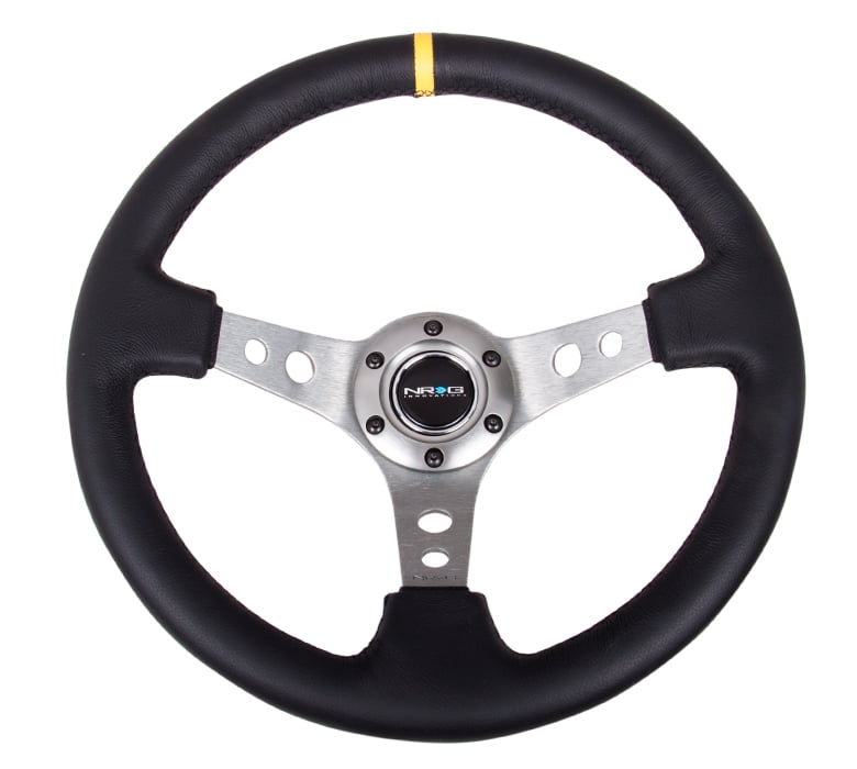NRG Steering Wheel 06 BLACK Leather & Spoke w/ Yellow Stripe 350mm 3" DEEP DISH 