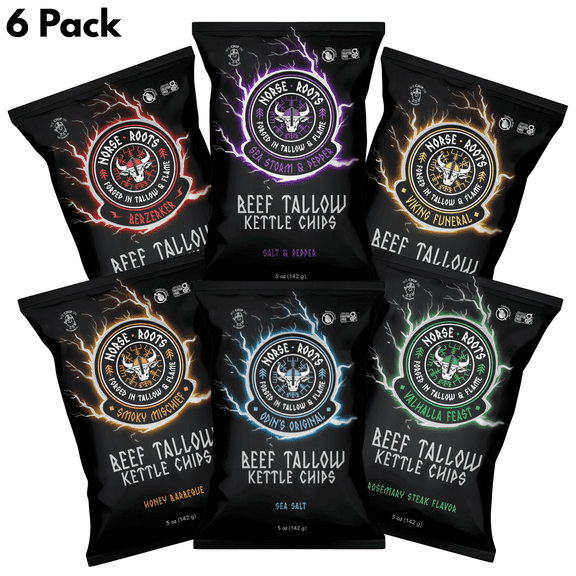 Norse Roots Beef Tallow Potato Chips Variety Pack –  (Sea Salt, Honey BBQ, Rosemary, Cheddar & Sour Cream, Spicy, Salt & Pepper) 5-ounce (Pack of 6)