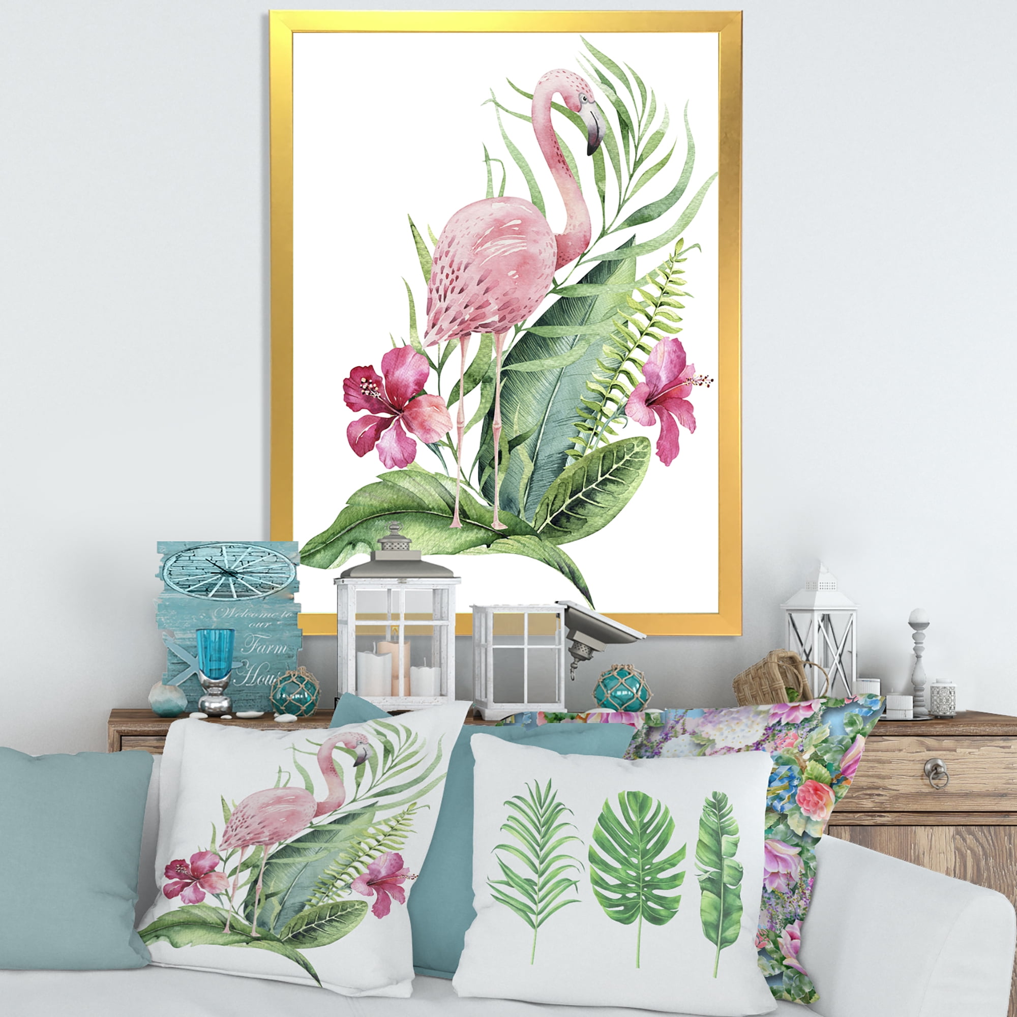 Designart 'Flamingo With Pink Flowers and Exotic Foliage' Traditional Framed Art Print