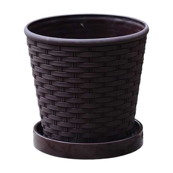 DefiDgd Faux Bamboos Woven Style Plant Planter,Round Plastic Plant Pots with Base for Succulents Herbs Modern Farmhouse Decor,Gift for Plant Lovers(Brown)