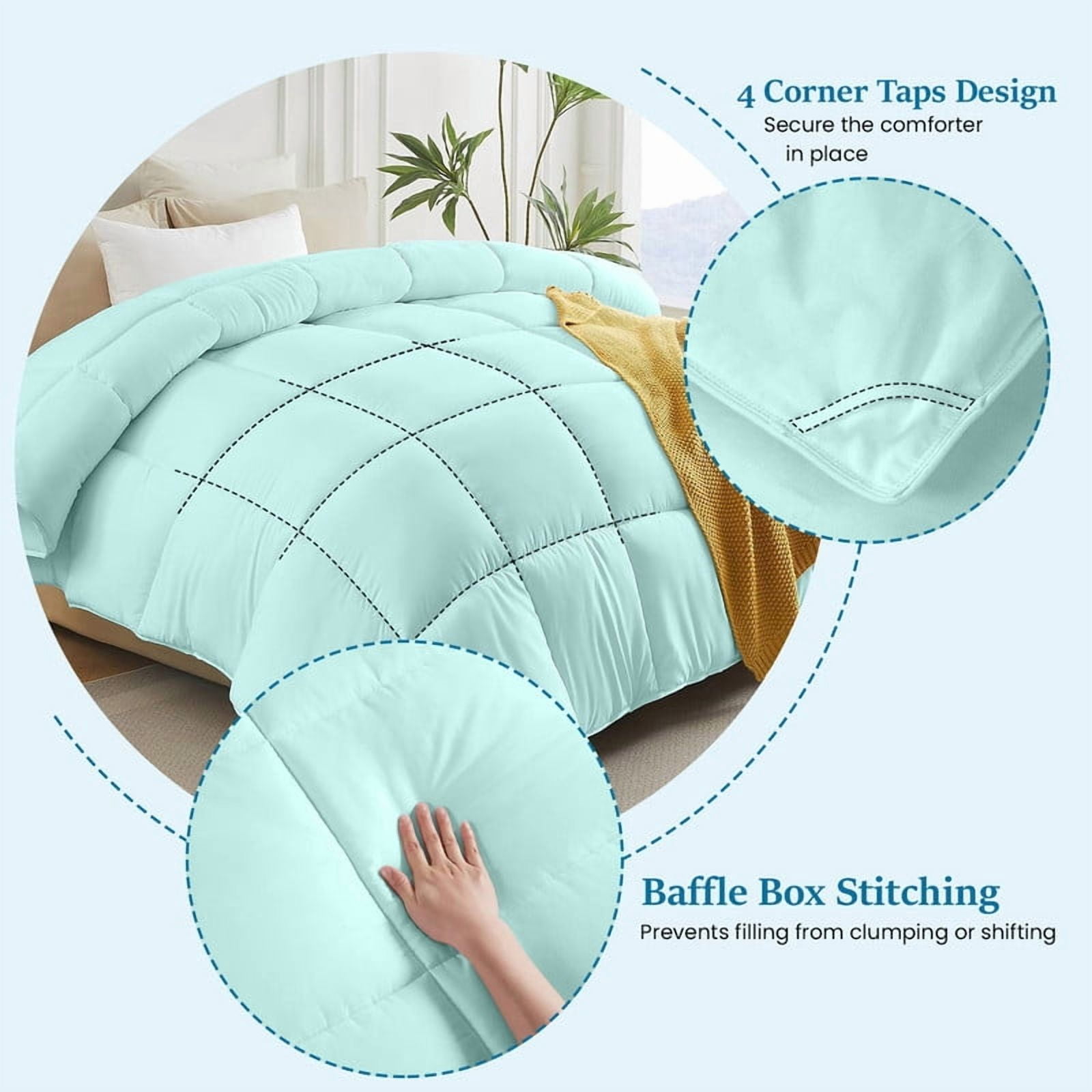 100% Cotton All-Season Comforter - Box Stitched Comforter - Bedding with Corner Tabs Machine Washable Lightweight Color Aqua-Blue Solid Pattern Size Queen (90"x 90")