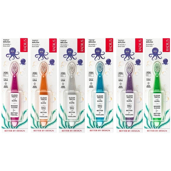 Radius Brosse à Dents Totz Extra Douce Sans Bpa & Acceptée par Ada Conçue pour Dents et Gencives Délicates pour Enfants de 18 Mois et Plus - Assortie - Lot de 6