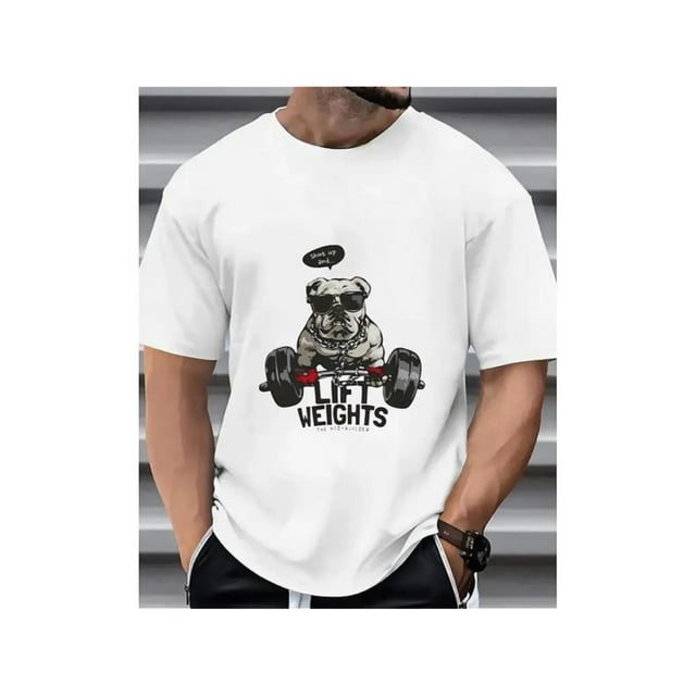 T-Shirt Col Rond Décontracté pour Hommes avec Imprimé Bouledogue Cool, Manches Courtes, Tissu Tricoté, Coupe Régulière, Extensible Moyen, Édition Été pour Adultes, Hommes, Femmes, Adolescents, Adolescents, Jeunes