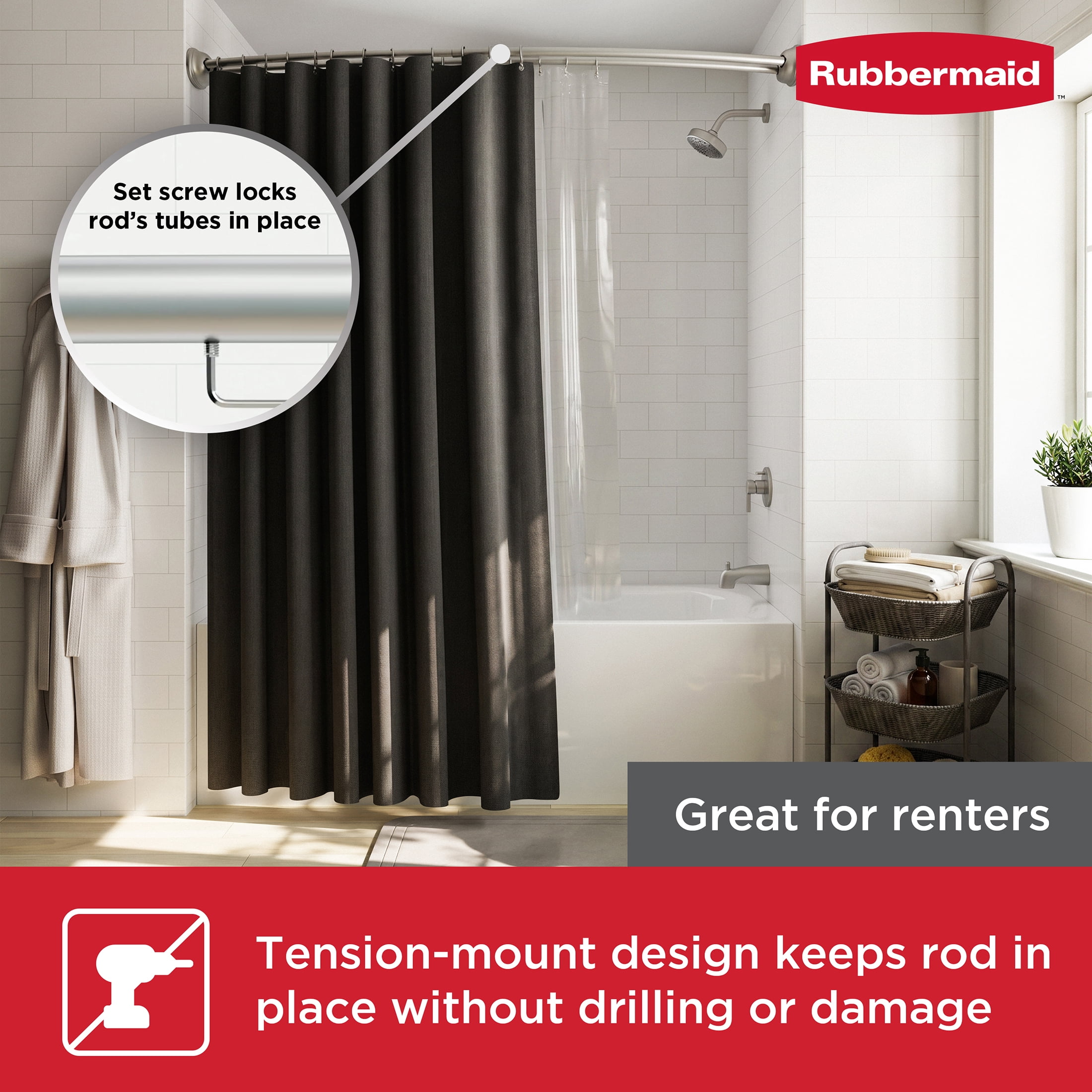 Rubbermaid No Drill Adjustable Tension Double Curved Shower Curtain Rod, Rustproof, 50" - 72", Nickel