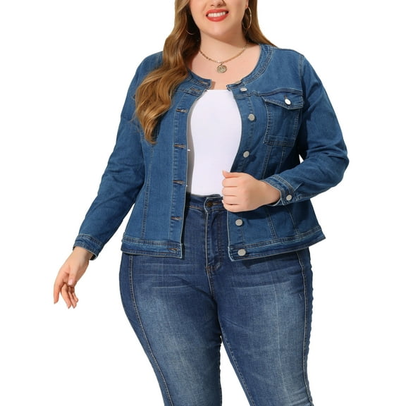 MODA NOVA Juniors Plus Jean Jacket Long Sleeves Collarless Denim Jacket Light Blue 1X