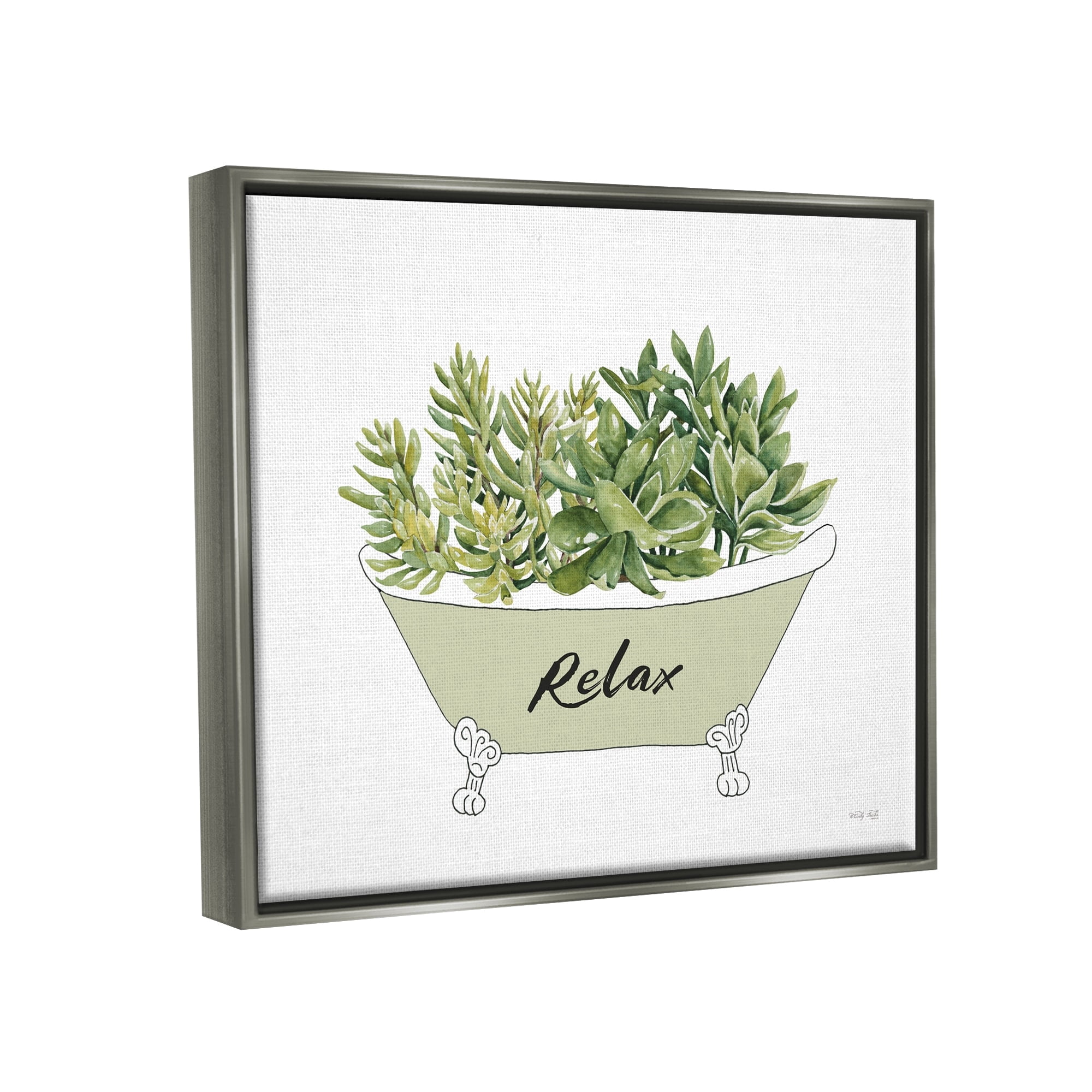 Stupell Industries Claw Foot Bathtub Succulent Plants Relax Typography Graphic Art Luster Gray Floating Framed Canvas Print Wall Art, Design by Cindy Jacobs