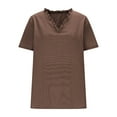 thumbnail image 4 of Chiccall Women Cotton Linen Shirts Oversized Ruffled V Neck Short Sleeve Blouses Solid Color Loose Casual Comfy Gauze Tops Brown XXXL, 4 of 6