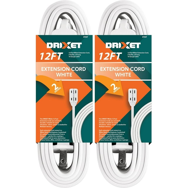 GFDYREE Rallonge Blanche de 12 Pieds, 3 Prises, 2 Broches, Câble de Calibre 16, Robinet Cube à 3 Réceptacles, Usage Intérieur (Lot de 2) - par
