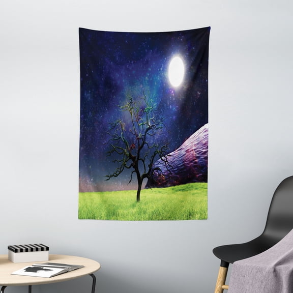 Tree Tapestry, Moon Illuminates A Tree Full Moon Galaxy Grass Creative Fantasy Illustration Print, Wall Hanging for Bedroom Living Room Dorm Decor, 40W X 60L Inches, Green Navy, by Ambesonne