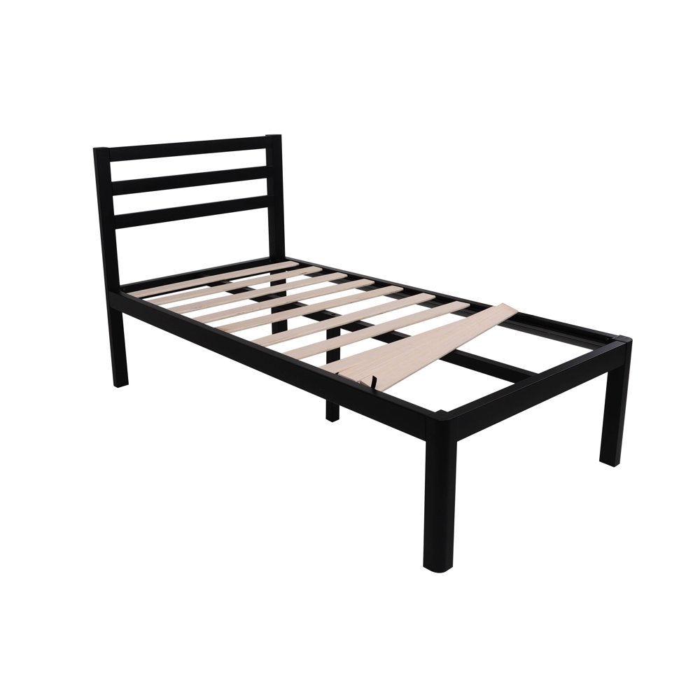 intelliBASE Twin Size Wooden Slat Black Metal Platform Bed Frame with Headboard